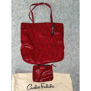Vintage Carlos Falchi NWT Tote Bag Red Faux Snakeskin Matching Pouch 2 Piece Set